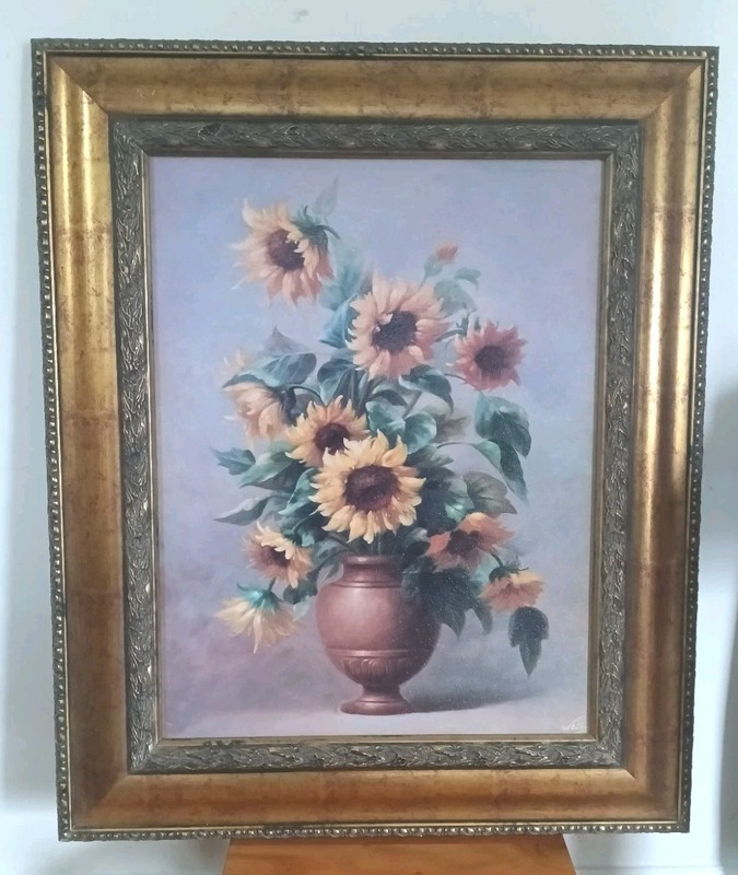 20×25″: SUNFLOWERS IN BRONZE by WELBY new/unused, FABULOUSLY FRAMED, TEXTURED.