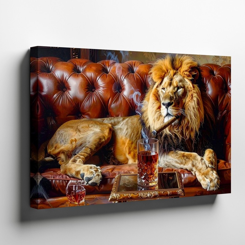 Canvas Wall Art a Regal Lion Lounges Confidently on a Vintage Brown Leather