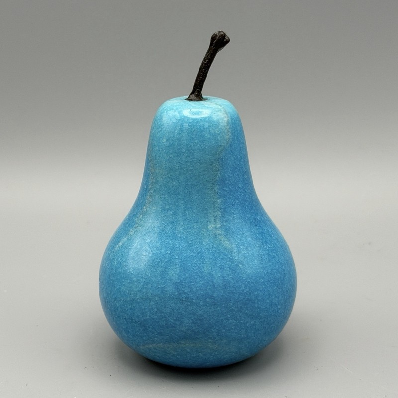 Vintage Alabaster Blue Pear Stone Fruit Carved Marble Decorative Paperweight 3.5