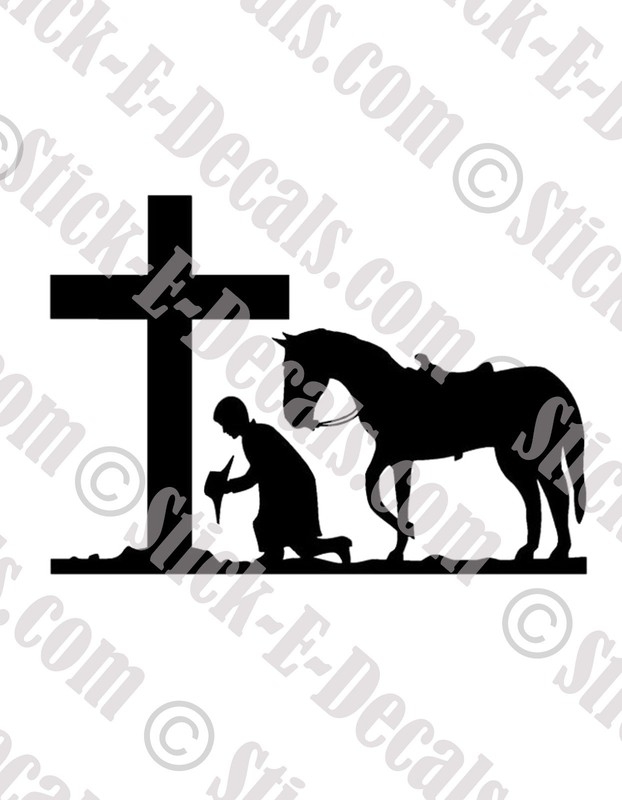 Cowboy Kneeling at Cross with Horse Vinyl Decal Sticker – FREE USA SHIPPING