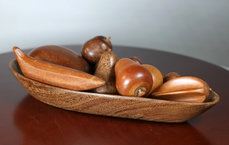 Carved Wooden Bowl and Fruits Mid Century Modern Vintage Brown Rustic Décor