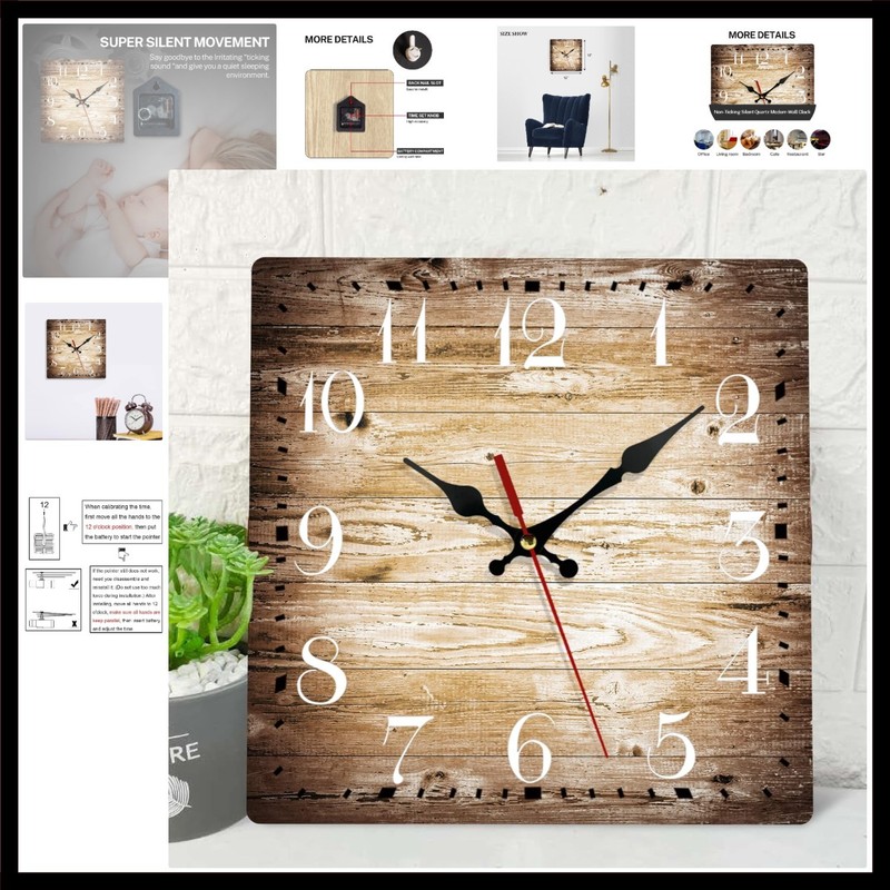 Wooden Wall Clock Silent Non-Ticking, Brown Grain Cracked Ancient Dirty Fence…