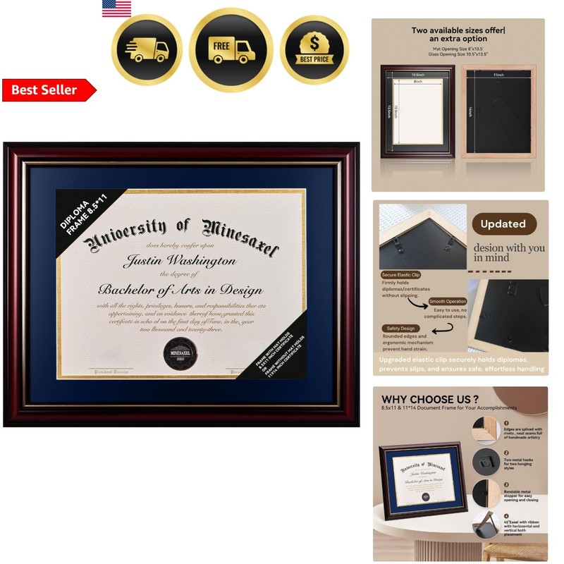Solid Wood Diploma Frame 8.5 x 11 Certificate Frame with Navy Mat or 11×14 Do…