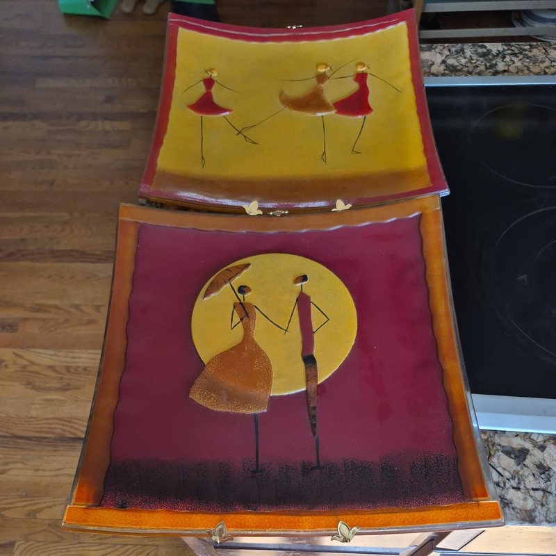 2 Square Fused Glass Concave Centerpiece Wall Art Young Love Strolling 14″x 14″