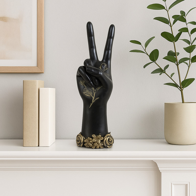 Decorative Peace Sign Hand Sculpture – 10.5″ Black & Gold Rose Accent Statue