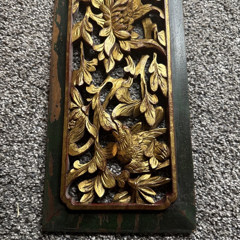 Vintage 15”x3” Wood Carved Panel Intricate Gold Bird Floral Motif Weathered gallery