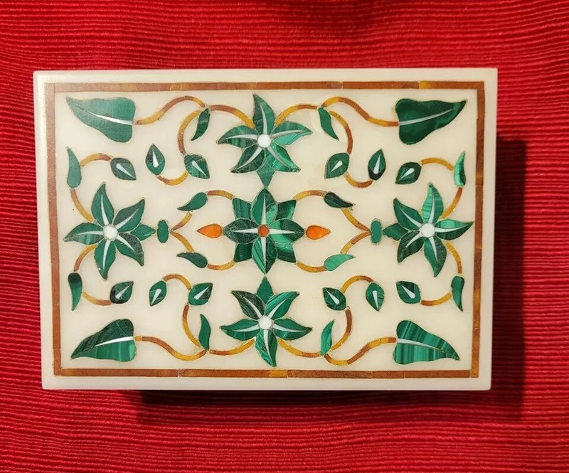 White Marble Emporium Trinket Jewelry Box Malachite MOP Inlay art Christmas Gift