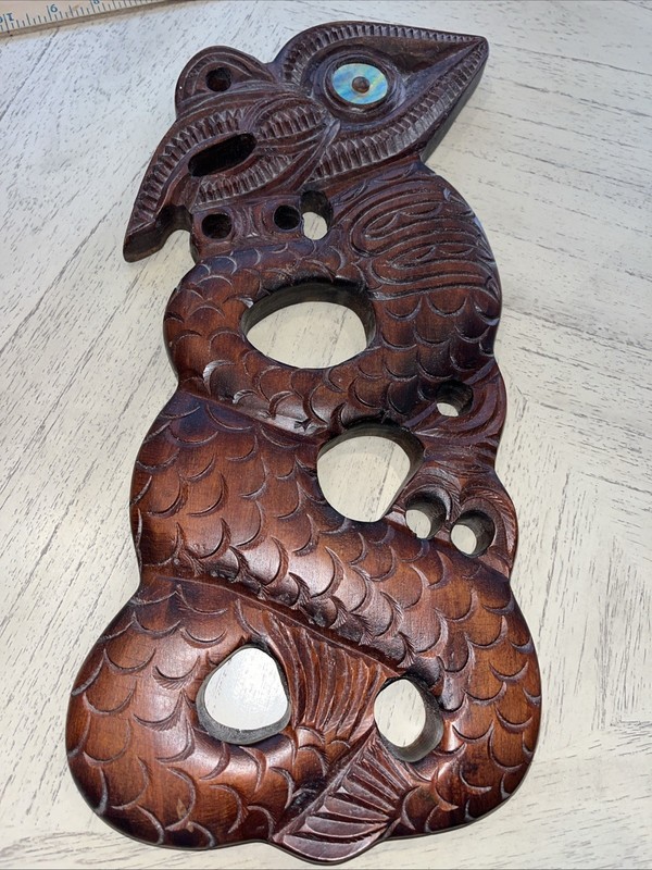 Moaha Wood Carving Matai Wood Art- Pāua Shell Eye – Rotorua New Zealand 17” x 8”