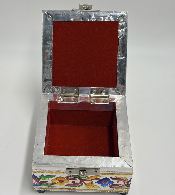 Peacock Meenakari Enameled Metal Wood Jewelry Trinket Stash Hinged Box Velvet gallery