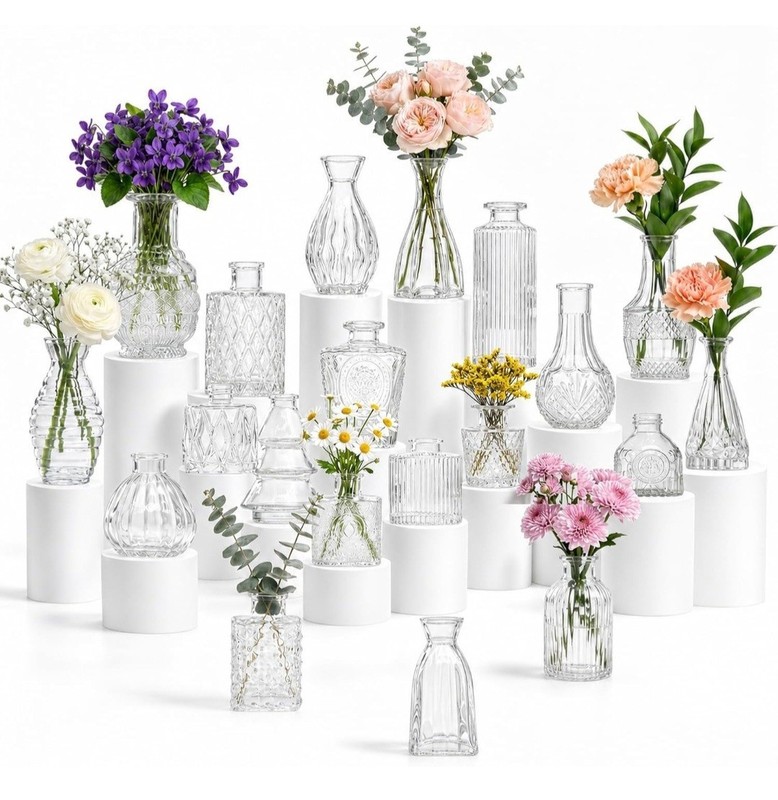 20 Pcs Clear Glass Bud Vases, Small Vintage Bud Vase Set for Flowers, Mini Glass