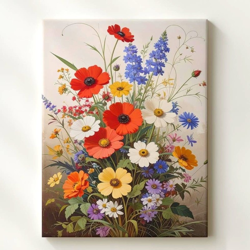 Botanical Bouquet Canvasvibrant Floral Illustration With Poppies, Daisies, And