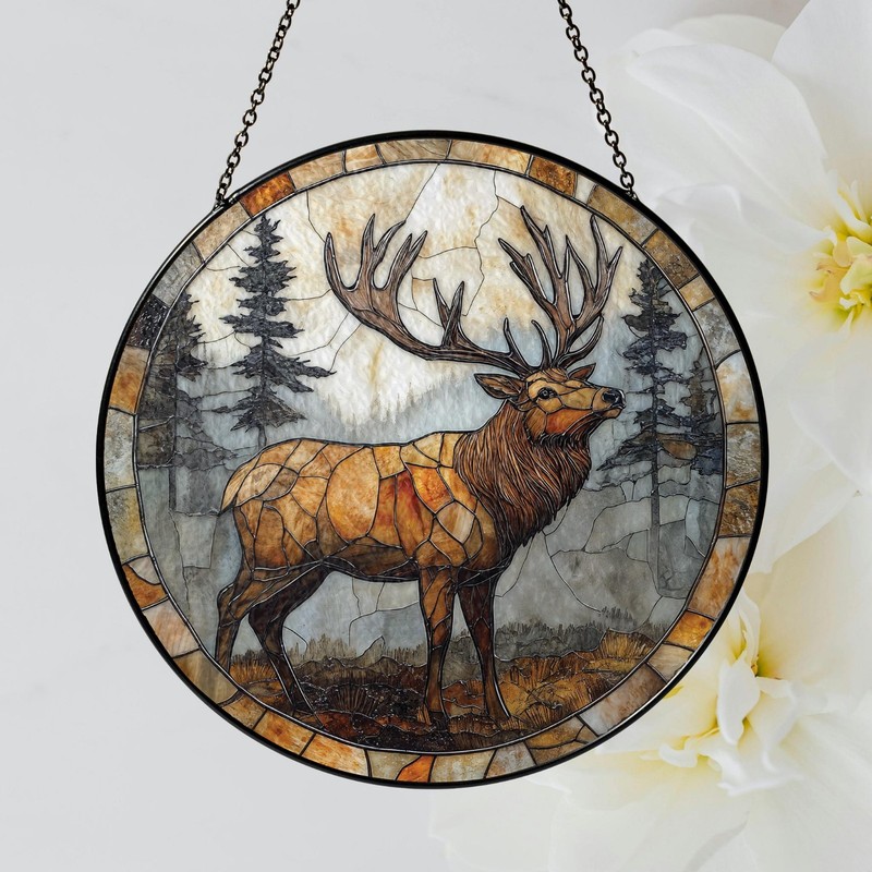Elk Stained Glass Suncatcher Woodland Window Hanging Decor Gift