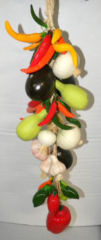 Awesome ROPE OF 51 PCS. Art Glass & Ceramic Hanging Chili Peppers & Vegetables