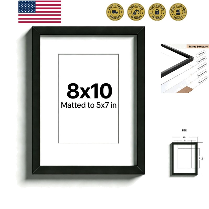 8×10 Black Picture Frame Wall Hanging Photo Frame Displays 5×7 with Mat or 8x…