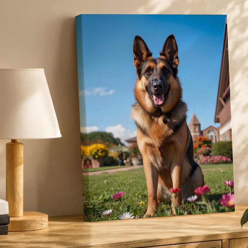 German Shepherd Canvas Wall Art Happy Dog Portrait Floral Outdoor Decor Print gallery