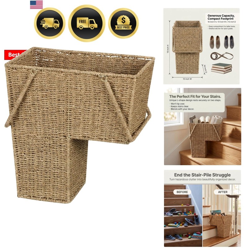 Wicker Stair Basket with Handles, Handwoven Seagrass, Natural