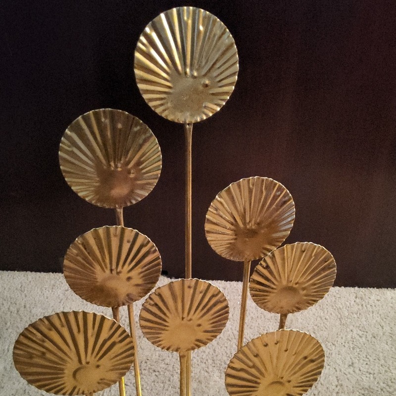 Gold Metal Abstract Disc Art Sculpture, Freestanding Tabletop Decor