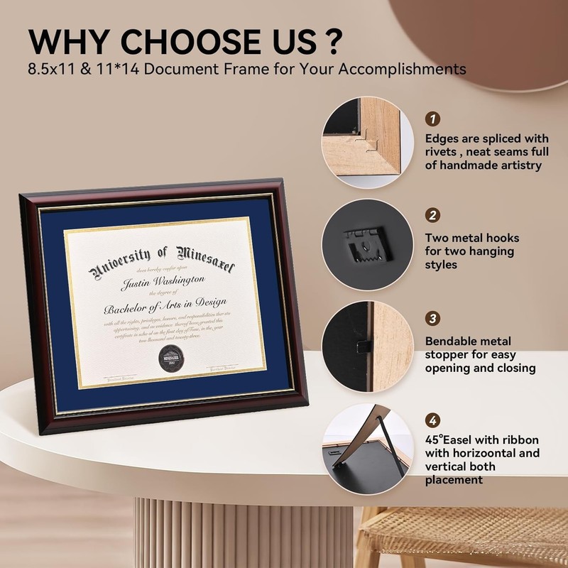 Solid Wood Diploma Frame 8.5 x 11 Certificate Frame with Navy Mat or 11x14 Do... gallery