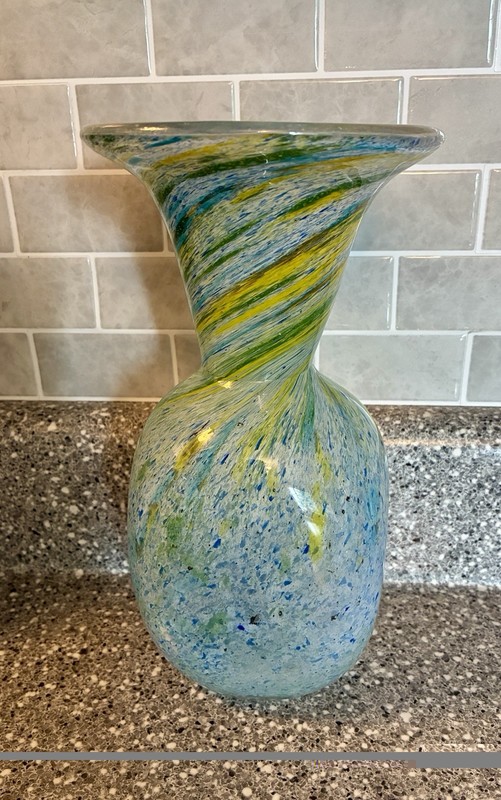 Vintage F & C Handmade Crystal Blue/Yellow/Green Swirl Vase Heavy 9 1/8” Tall gallery