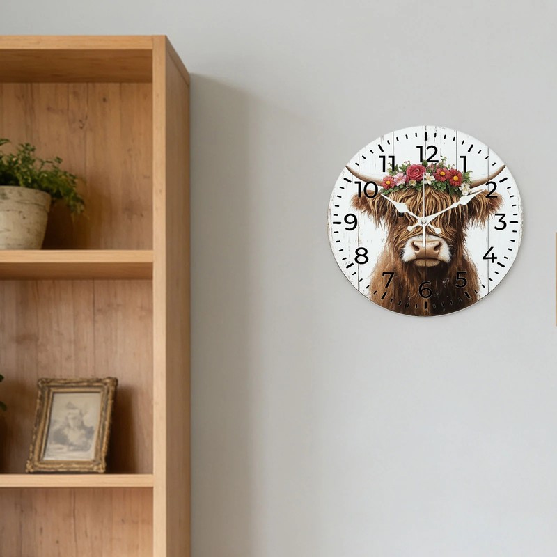 Highland Cow Floral Wall Clock Wooden Silent Clock No Battery Home Decors gallery