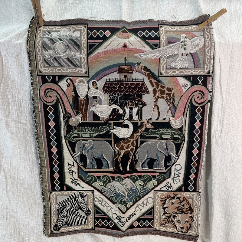Vintage Noahs Ark Woven Tapestry Fringe Wall Art 25×18” Nursery Grandkids