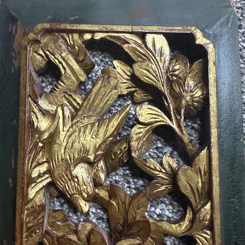 Vintage 15”x3” Wood Carved Panel Intricate Gold Bird Floral Motif Weathered gallery