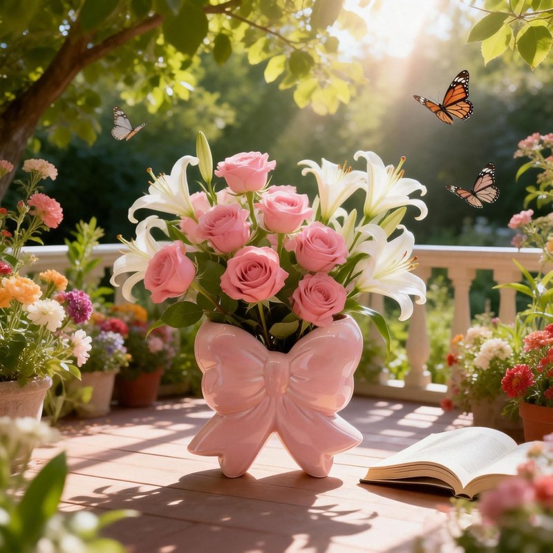 Pink Bow Ceramic Vase Bow Vase Flowers Bow Decor Vase Makeup Brush Holder Flower