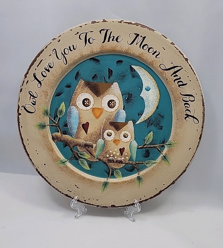 Wooden Plate 11″ Owl Love You To The Moon And Back Folk Art Rustic Decor Audreys