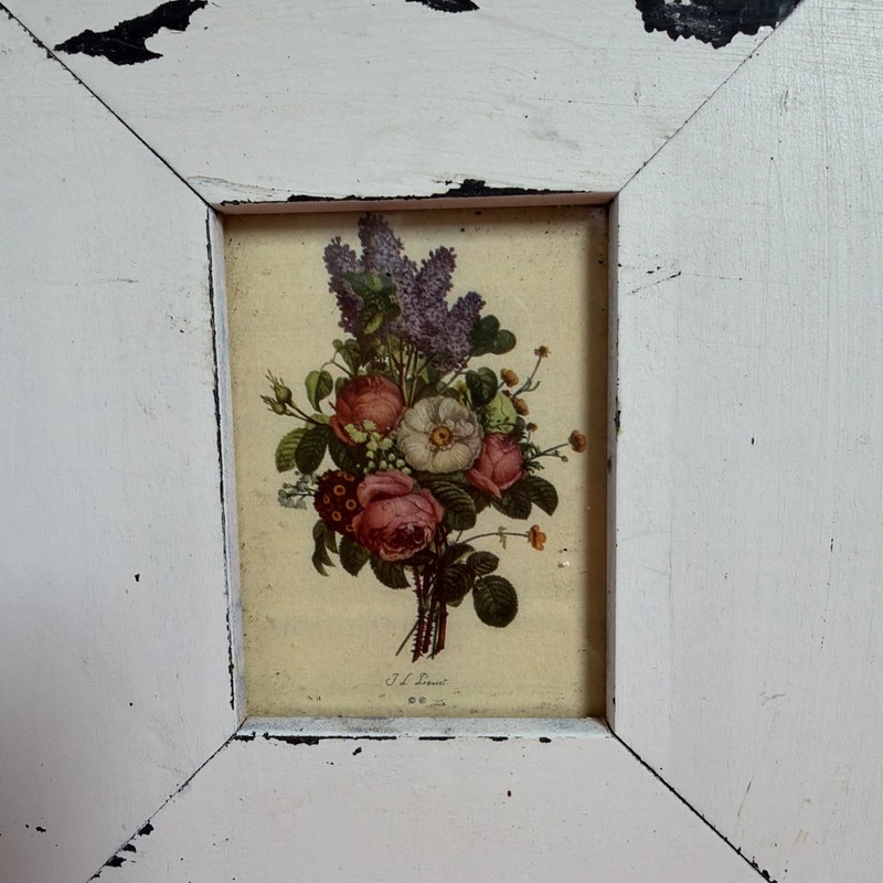 Pair Vintage Distressed White Wood Frames Floral Prints Patina Architectural gallery