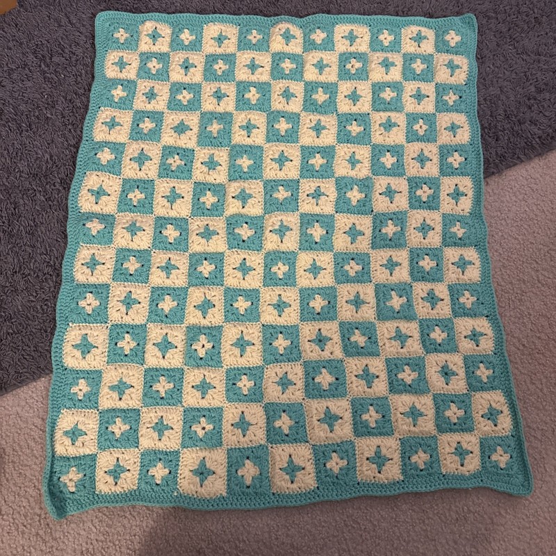 Checkered Star Small Crochet Afghan Blanket Hand Made 29×34 In Yellow Green/blue