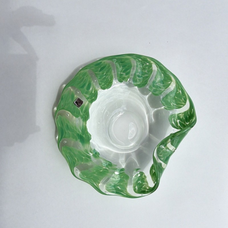 Murano Green & Clear Art Glass Bowl Printed stamp Made in Italy gallery