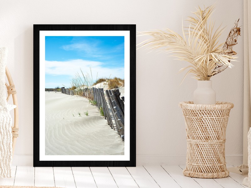 Old Wood Beach Fence Near Sand Sea View Glass Framed Wall Art, Ready to Hang