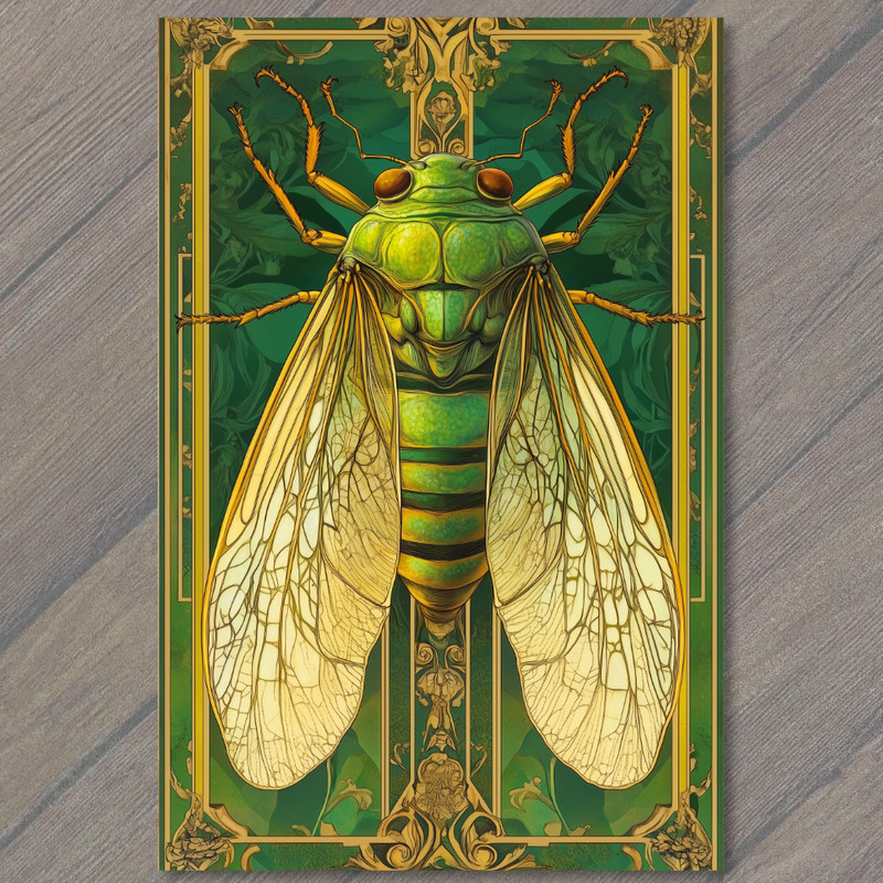 Art Print Green Cicada Insect Wings Gold Pattern Nature Fantasy Botanical Vibe