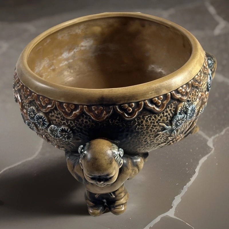 VTG Oriental Effigy Bowl/Planter Depicting Baby Buddhist Holding It