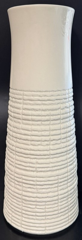 15″ White Textured Ceramic Floor Vase Coastal Farmhouse Basket Weave