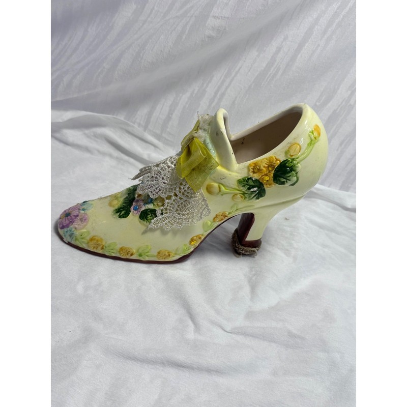 Vintage Ceramic Floral High Heel Shoe Figurine Yellow Lace Ribbon Good Condition