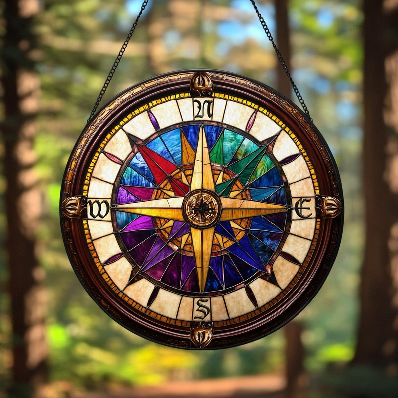 Compass Rose Stained Glass Suncatcher Nautical Window Hanging Travel Home Decor