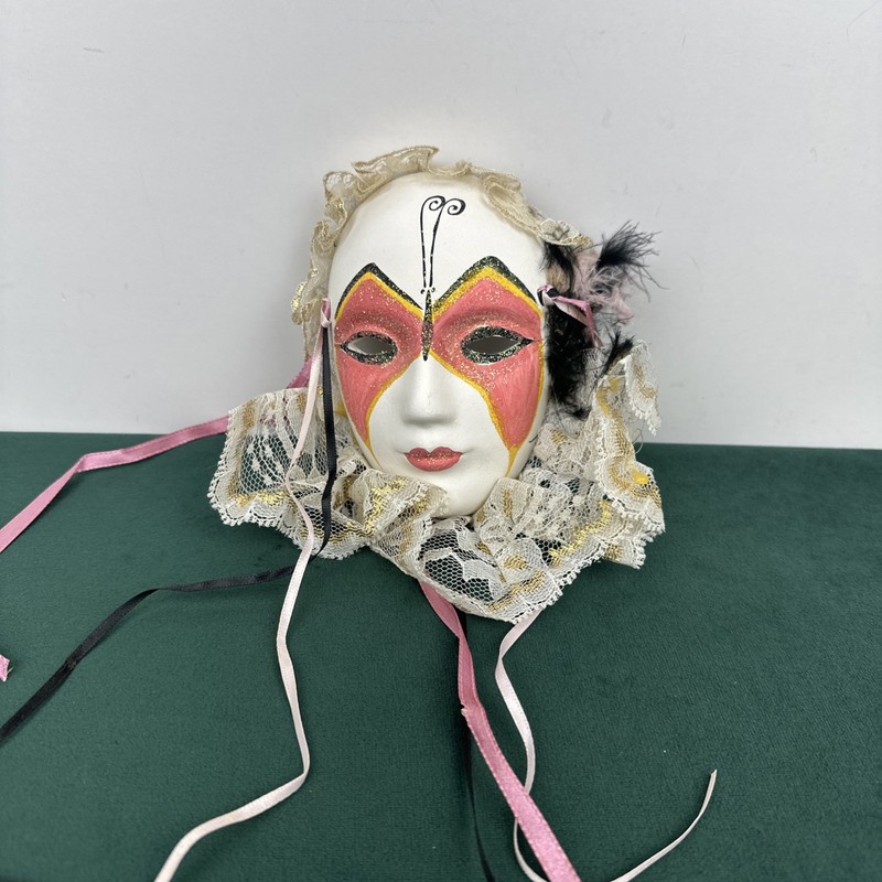 Venetian Style Masquerade Wall Mask Lace Feathers 5” Decor Pink