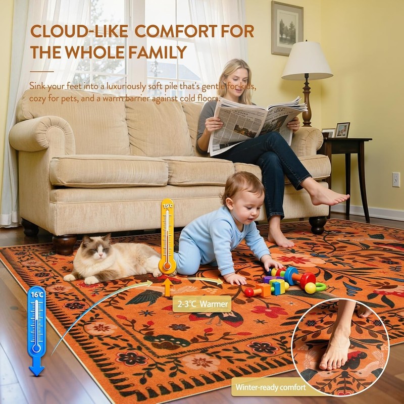 Bedroom Rug 5x7, Washable Bohemian Scandinavian Orange Area Rugs for Living Room gallery