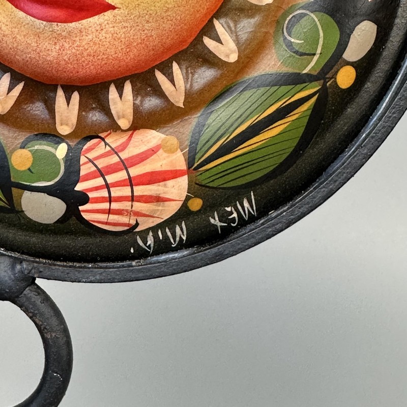 Mexican Folk Art Sun Face Ceramic Plaque Wrought Iron Stand Hand Painted 9.5" gallery