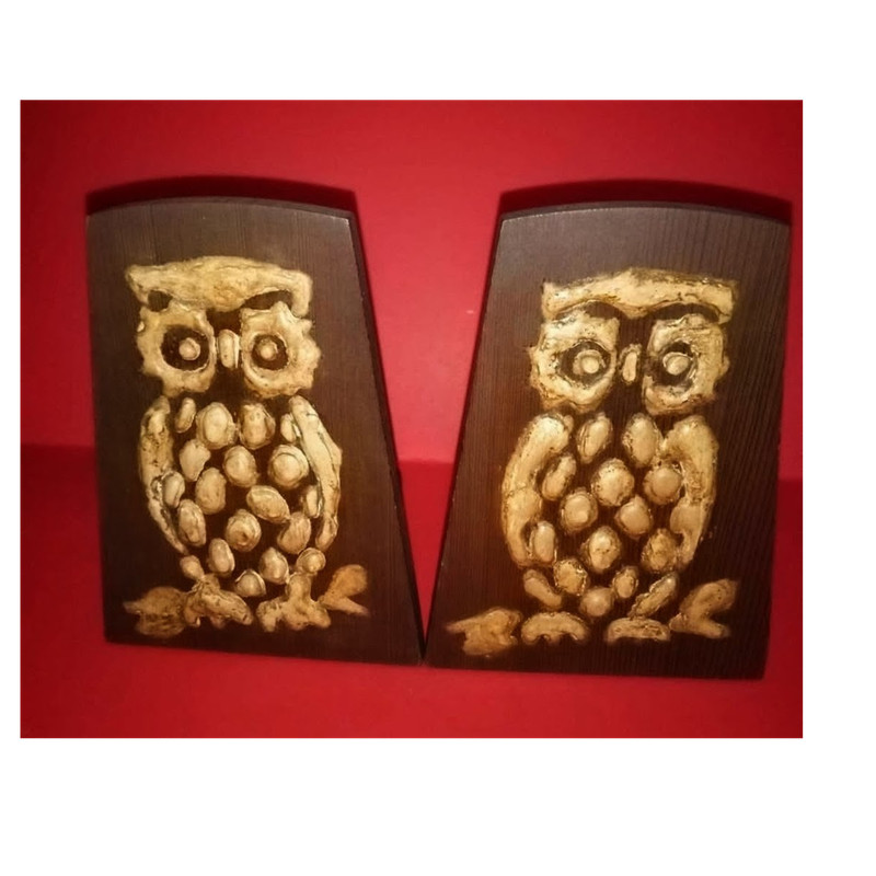 Vintage Owl Bookends Pair Wood Metal Plaster Brown Black Beige