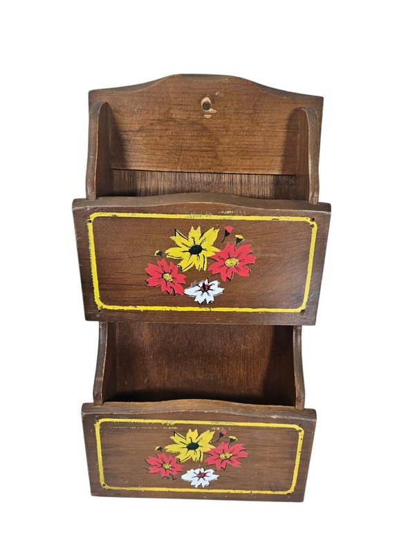 Vintage Hand-Painted Floral Wooden Wall Pocket Mail Sorter Country Farmhouse