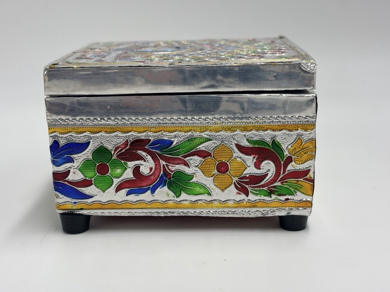 Peacock Meenakari Enameled Metal Wood Jewelry Trinket Stash Hinged Box Velvet gallery