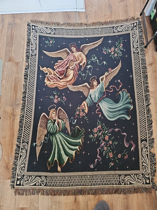 Angels On High Fringed Tapestry. 72in x54in. Spiritual, Heavenly. READ