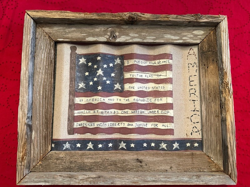 PRIMITIVE BARNWOOD FRAME W/ “PLEDGE Of ALLEGIANCE” ON FLAG PAINTED ON METAL