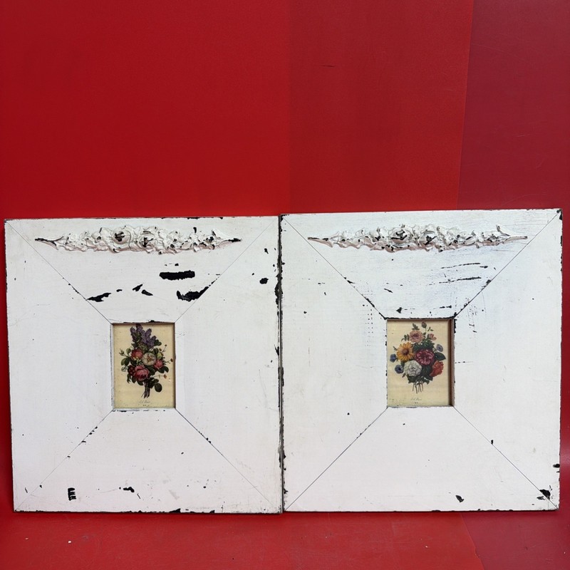 Pair Vintage Distressed White Wood Frames Floral Prints Patina Architectural
