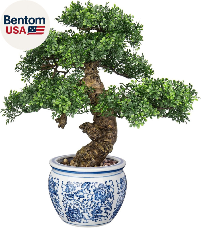 Fake Bonsai Tree Bonsai Plant 17” Tall Artificial Bonsai Trees with Blue and Whi