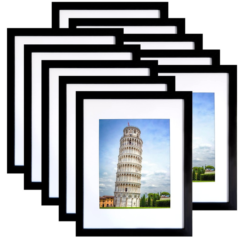 Picture Frame Set of 10 Black 11×14 with Mat or 8×10 Without Mat Wall Mounting