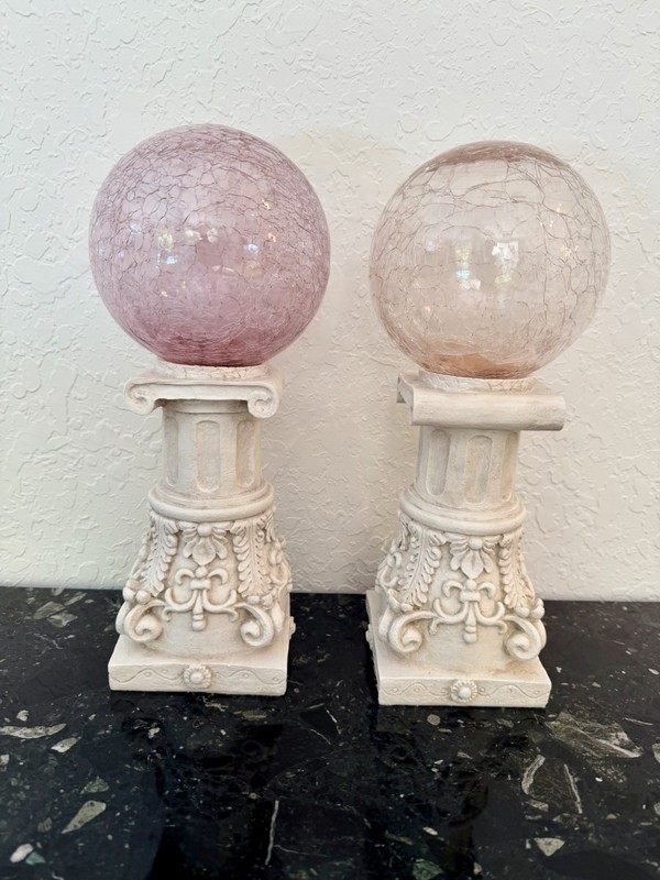 Set of 2 Crackle Glass Gazing Ball Column Statues 14.5”” Lilac Pink Classical D