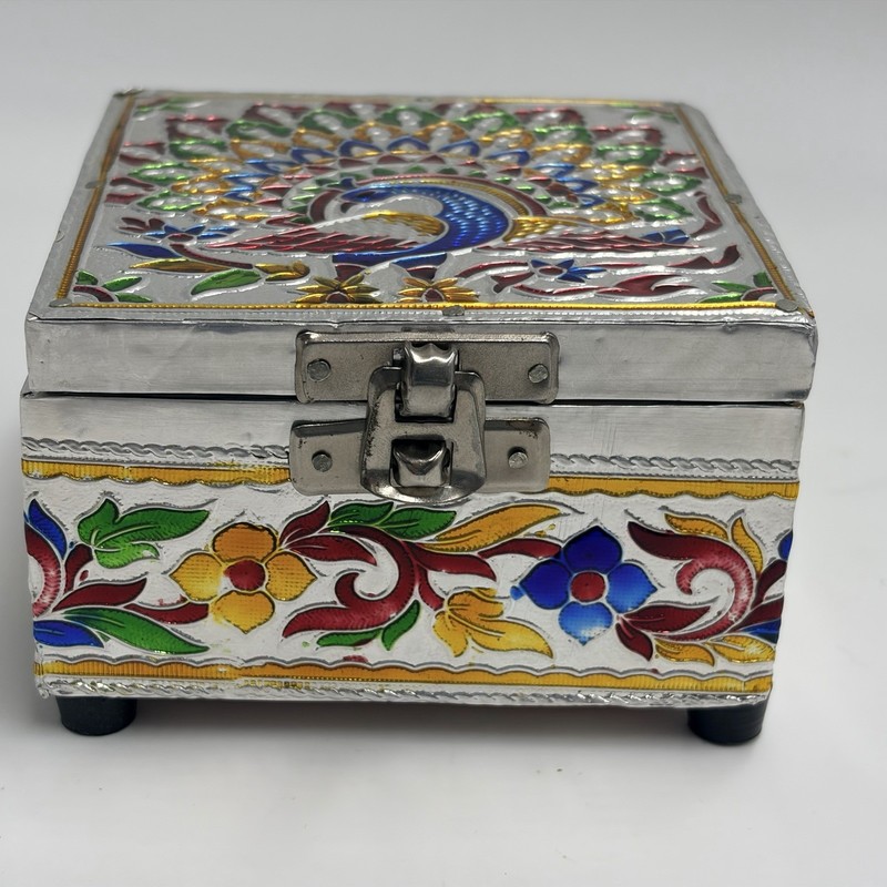 Peacock Meenakari Enameled Metal Wood Jewelry Trinket Stash Hinged Box Velvet gallery
